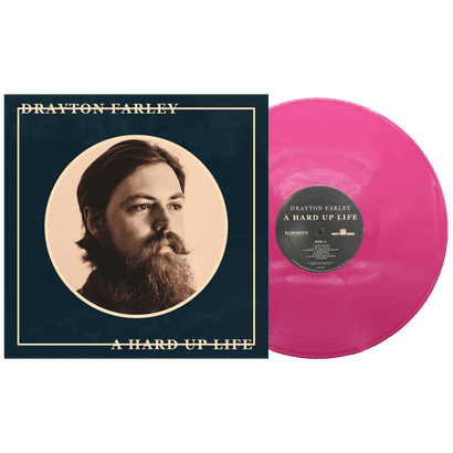 Album cover featuring a circular portrait on a dark background alongside an opaque pink vinyl record for 