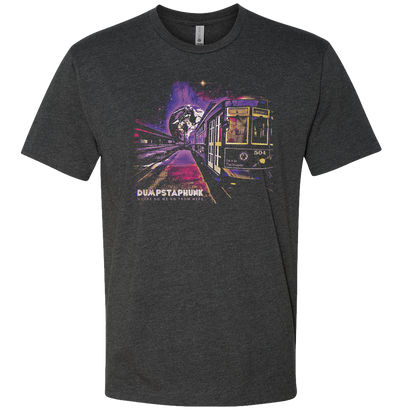 Album Tee in Gray featuring vibrant streetcar artwork with neon purple and pink cosmic background, urban transit design on charcoal heather cotton blend t-shirt, crew neck style with artistic night scene illustration