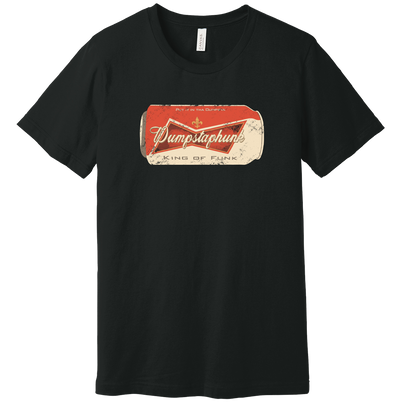 Beer Can Tee in vintage black featuring a distressed retro-style beer can graphic design in red and white. Classic crew neck t-shirt made from soft cotton-polyester blend fabric with comfortable ring-spun construction.