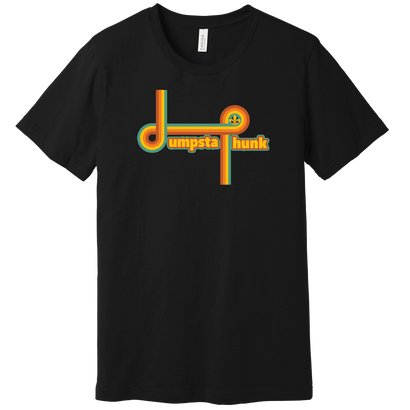 Lines Tee in black featuring retro-style rainbow gradient text design with orange, yellow, green, and blue stripes. Classic crew neck t-shirt made from soft cotton-polyester blend jersey material by Bella + Canvas.