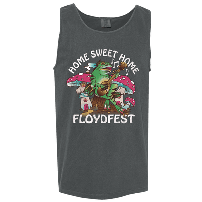 Charcoal gray unisex tank top with colorful FloydFest 'Home Sweet Home' design featuring a guitar-playing tree creature, vibrant mushrooms, and musical notes, embodying the festival's whimsical and musical spirit