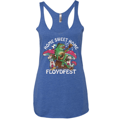 Blue ladies tank top with colorful FloydFest 'Home Sweet Home' design featuring whimsical mushrooms, guitar-playing tree, and festival logo, perfect for music lovers and festival-goers