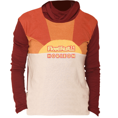 Stylish FloydFest '24 Horizon Ladies CAMP Long Sleeve Tee featuring sunset-inspired color blocking, turtleneck design, and embroidered logo. Warm tones of red, orange, and cream create a striking visual effect on this comfortable festival apparel.