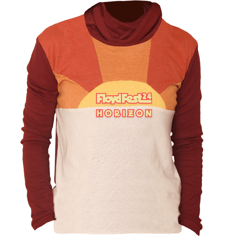 Stylish FloydFest '24 Horizon Ladies CAMP Long Sleeve Tee featuring sunset-inspired color blocking, turtleneck design, and embroidered logo. Warm tones of red, orange, and cream create a striking visual effect on this comfortable festival apparel.