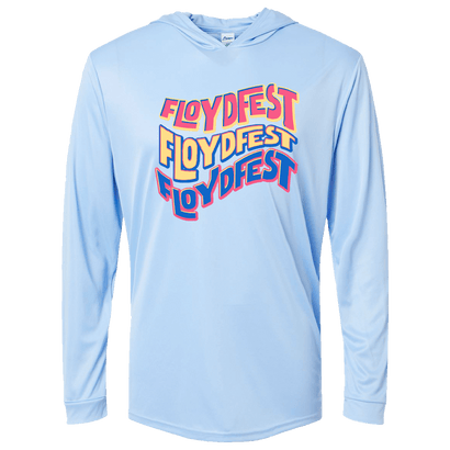 Light blue lightweight sun hoodie featuring colorful wavy FloydFest text design, offering UPF 50+ protection for stylish sun safety at music festivals and outdoor events