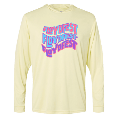 Pale yellow lightweight sun hoodie featuring vibrant wavy FloydFest text in purple and blue, offering stylish UPF 50+ protection for outdoor events and festivals