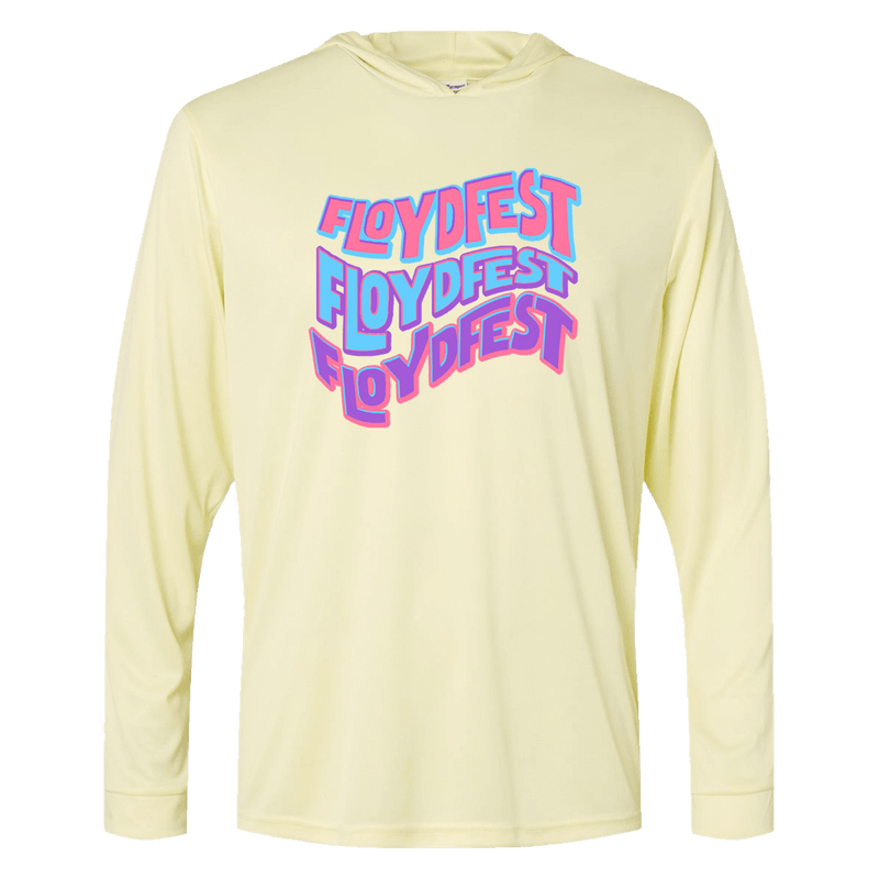 Pale yellow lightweight sun hoodie featuring vibrant wavy FloydFest text in purple and blue, offering stylish UPF 50+ protection for outdoor events and festivals