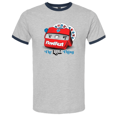 Grey ringer t-shirt with navy trim featuring FloydFest logo on red View-Master toy design. Circular reel displays past festival themes. Text reads 