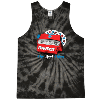 Black tie-dye tank top with FloydFest logo featuring a retro viewfinder design, showcasing past festival themes. The shirt displays 