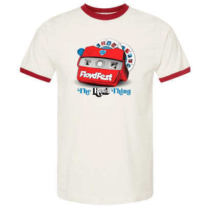 White ringer t-shirt with red trim featuring FloydFest logo design. Cartoon-style red viewfinder with festival name and 