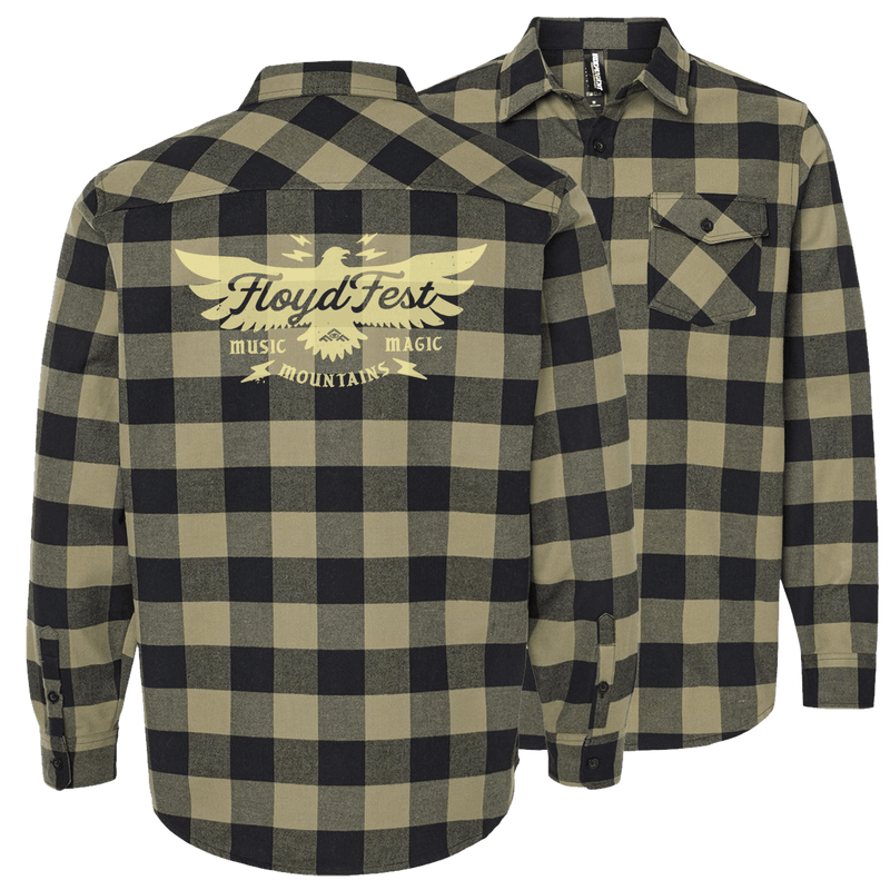 FloydFest Flannel Shirt in olive and black buffalo check pattern, featuring front button closure, dual chest pockets, and a vintage-style festival logo printed on the back. Cozy cotton-poly blend with roll-up sleeve functionality.