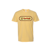 Yellow t-shirt with a logo on a white background
