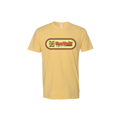 Yellow t-shirt with a logo on a white background