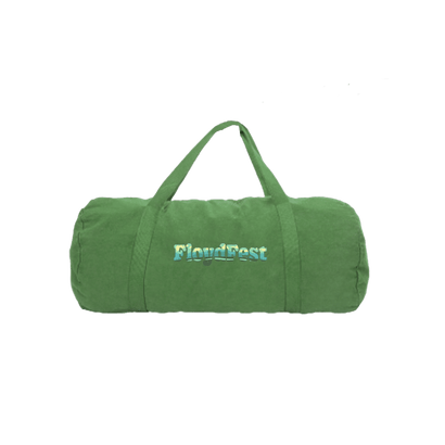 Green duffel bag with 'FloydFest' branding on a white background