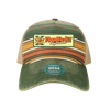 Striped cap with a logo and text on a white background