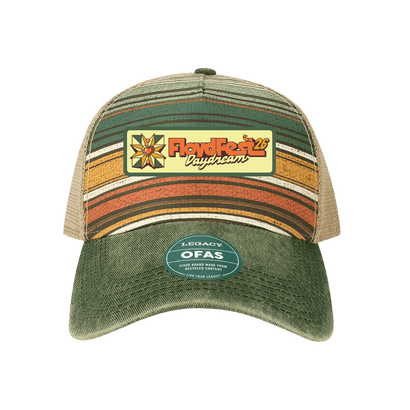 Striped cap with a logo and text on a white background