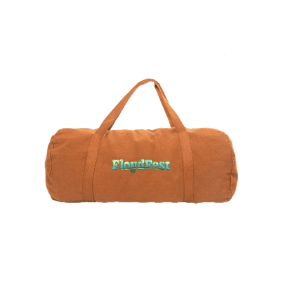 Brown duffel bag with 'FloydFest' logo on a white background