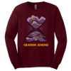 Grayson Jenkins Hourglass long sleeve burgundy tee with sunset mountain road scene and clouds design in purple and gold