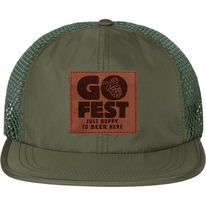 Olive green GO Fest Hops Hat with mesh back, flexible bill, and leather patch reading Just Hoppy to Beer Here