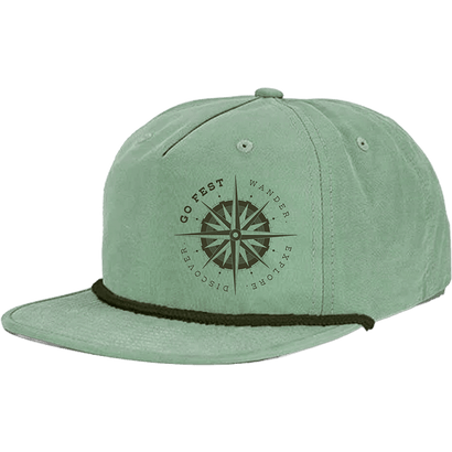 Sage green snapback hat with compass design on front and black rope detail along flat bill edge