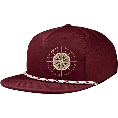 Maroon snapback hat with compass design, perforated sides, flat bill, and white rope detail across front