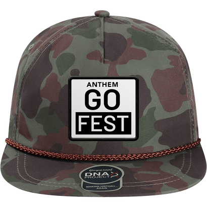Camo cap with structured fit, mesh windshield, rope braid, flat bill, and GO FEST patch on front panel