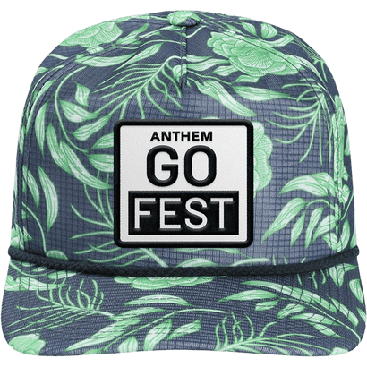 Navy and green floral patch hat with five-panel design and woven rope braid on the brim