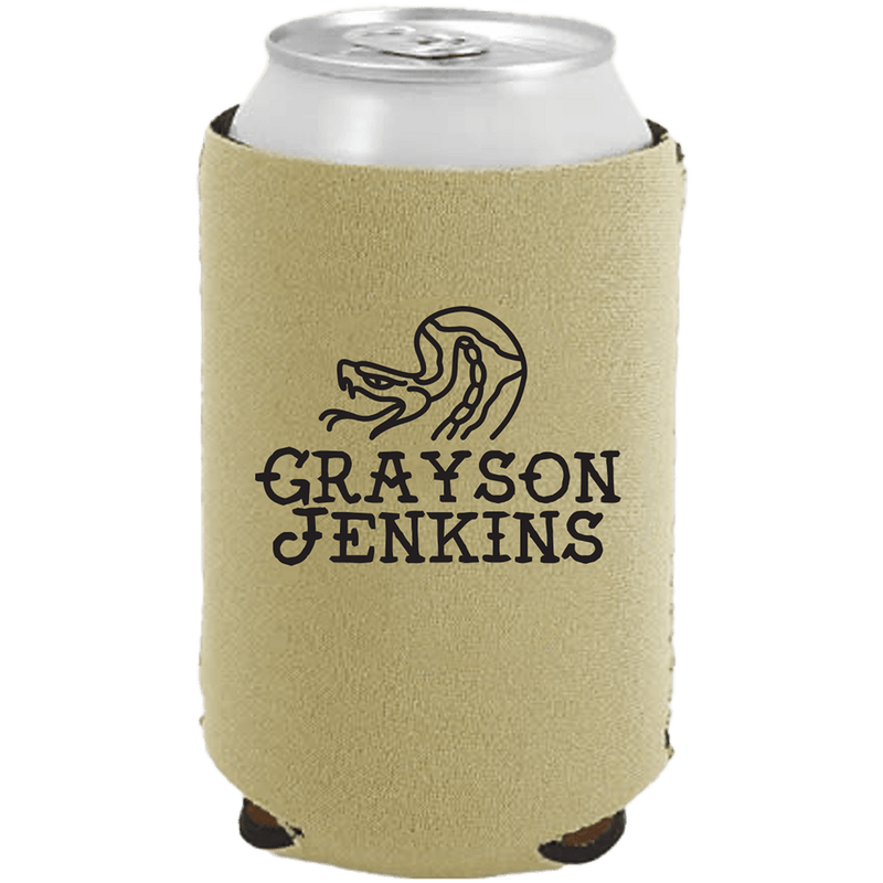 Grayson Jenkins Snake Logo Koozie in tan with black tattoo-style snake design holding beverage can