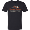 Black t-shirt featuring Grayson Jenkins Taxes and Time logo with vintage red tractor illustration on front