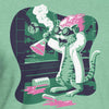 Kyle's Corner Feline Weird Tee featuring a quirky cartoon cat scientist in goggles mixing colorful potions in a laboratory. The mint-colored t-shirt displays a whimsical green cat conducting experiments with pink chemical flasks against a dark background.