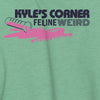 Kyle's Corner Feline Weird Tee featuring a stylized pink cat silhouette design on a mint green Bella + Canvas t-shirt with bold black text typography against a heathered fabric texture