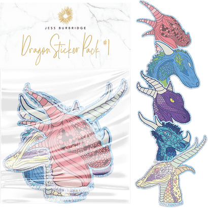 Glitter Foil Dragon Sculptures Sticker Pack #1 featuring five beautifully detailed dragon head stickers in pink, blue, purple, and golden colors with intricate patterns and textures. Each sticker showcases unique dragon designs with ornate horns and scales in a vertical arrangement.