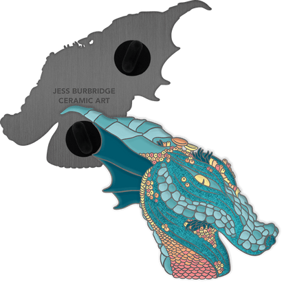 Water Dragon Enamel Pin by Jess Burbridge Ceramic Art featuring a detailed blue and teal dragon head design with butterfly clutches.