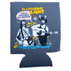 Grey koozie with colorful cartoon of two musicians playing guitar and drums surrounded by psychedelic patterns and text bubbles