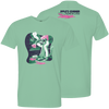 Kyles Corner Feline Weird Tee featuring a whimsical cartoon cat mixing drinks at a retro-style bar, illustrated in mint green, pink, and dark blue colors on a Bella + Canvas mint t-shirt. Front and back view showing distinctive bar scene artwork and brand logo.