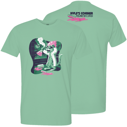 Kyles Corner Feline Weird Tee featuring a whimsical cartoon cat mixing drinks at a retro-style bar, illustrated in mint green, pink, and dark blue colors on a Bella + Canvas mint t-shirt. Front and back view showing distinctive bar scene artwork and brand logo.