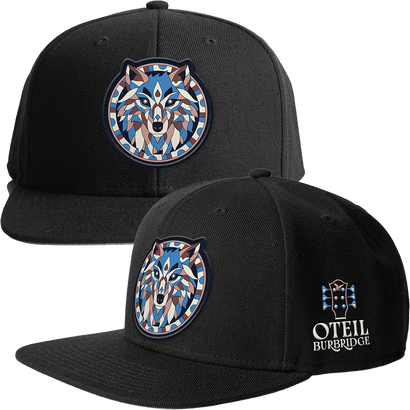 Black snapback hat with colorful Direwolf patch on front and Oteil Burbridge logo on side panel.