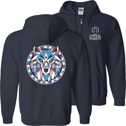 Navy blue hoodie with wolf design on the back and brand logo on the chest.