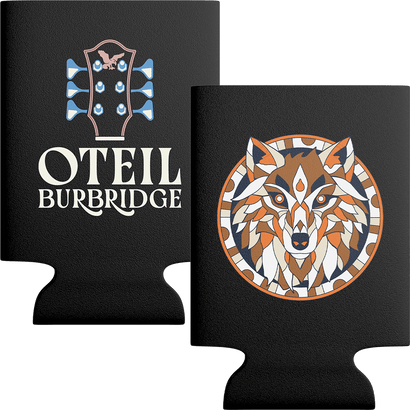 Black koozie featuring Oteil Burbridge logo and a stylized geometric direwolf design for Fall '25 tour
