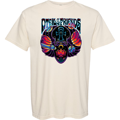 Oteil & Friends Fall Tour 2024 Tee featuring vibrant psychedelic artwork with colorful winged scarab design incorporating an ankh symbol, set against ivory Comfort Colors t-shirt. Graphic displays neon blue, purple, and red hues in a mystical Egyptian-inspired motif.