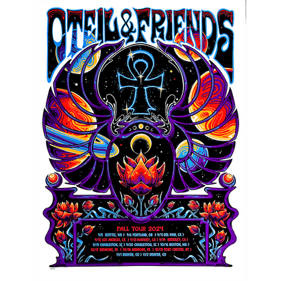 Fall 2024 Oteil & Friends Tour Poster featuring a vibrant psychedelic design with a glowing blue Ankh symbol centered in an ornate frame, surrounded by symmetrical purple wings, blooming lotus flowers in orange and red, and cosmic starry background with tour dates listed below