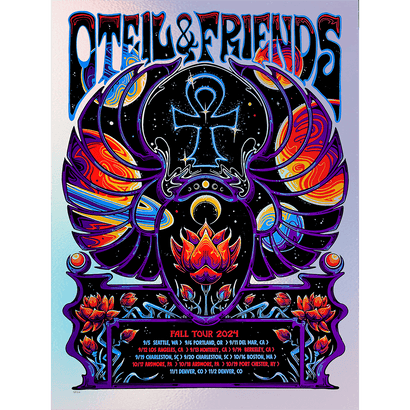 Fall 2024 Oteil & Friends Foil Poster featuring a psychedelic design with vibrant purple and orange wings surrounding a central Egyptian Ankh symbol. Lotus flowers bloom at the bottom, while cosmic elements and tour dates complete this mystical concert artwork in holographic foil finish.