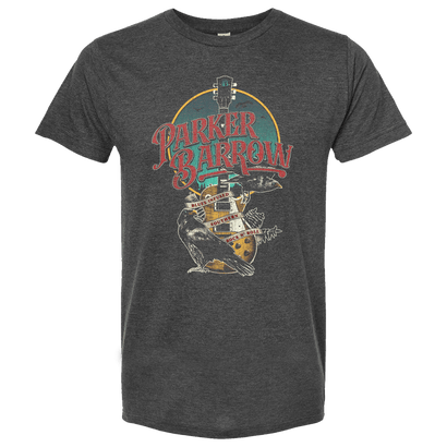 PB Guitar Tee featuring vintage-style Parker Barrow design with distressed guitar illustration and retro typography on charcoal gray heather t-shirt. Artistic band merchandise with circular logo and musical instrument motif.