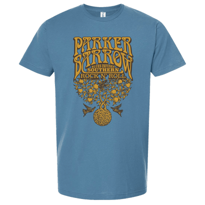 PB Blues Sparrow Tee featuring a vintage-style golden graphic design with decorative tree motif and psychedelic lettering on a soft blue cotton-blend t-shirt. The ornate artwork displays Southern rock n roll text within an artistic tree illustration.