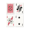 Four playing cards showing a red and black vintage design with hands, candies, and stylized figures on white background