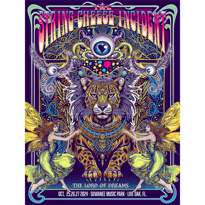 2024 Hulaween Poster featuring a psychedelic design with a majestic jaguar wearing ornate tribal jewelry, surrounded by mystical floating eyes, ethereal figures, and cosmic patterns in vibrant purple, pink, and yellow tones. Art Nouveau-style border frames the festival details at Spirit of the Suwannee Music Park.