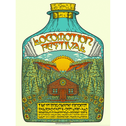 2024 Locomotion Festival Poster featuring a whimsical bottle-shaped design with a log cabin centered amid pine forests at sunset. The artwork showcases a vintage-inspired illustration style with turquoise and yellow colors, surrounded by wildflowers and natural scenery.