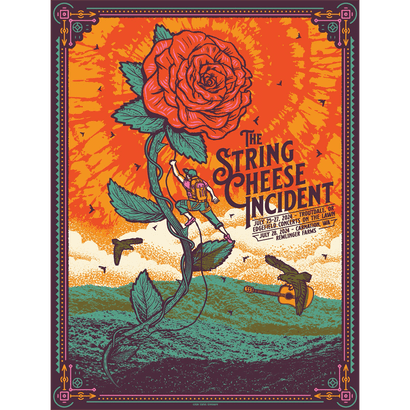 2024 Troutdale, WA Poster featuring vibrant concert artwork with a giant red rose stem against a sunset orange sky. A figure climbs the rose while another swings through the air. Ornate border frames the psychedelic design for The String Cheese Incident concert, created by Status Serigraph in rich turquoise and coral tones.