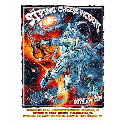 2024 NY/Philly Poster featuring a vibrant space-themed concert illustration with an astronaut playing guitar amidst a cosmic explosion of orange and blue hues. Shows tour dates for The String Cheese Incident with Stolen Gin across Philadelphia and New York venues in fall 2024