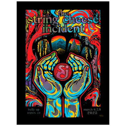 SCI 2025 Belly Up Aspen Poster featuring psychedelic hands holding red emblem, rainbow swirls and mountain scenery in vibrant colors